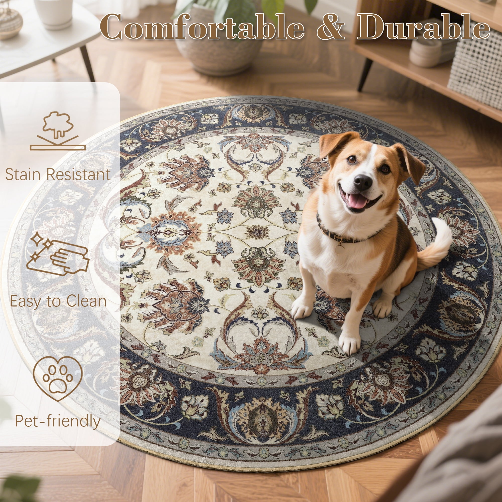 Cydiria Beige Round Persian Medallion Area Rug Floral Pattern Print Low-Pile Carpet for Living Room, 4' x 4'