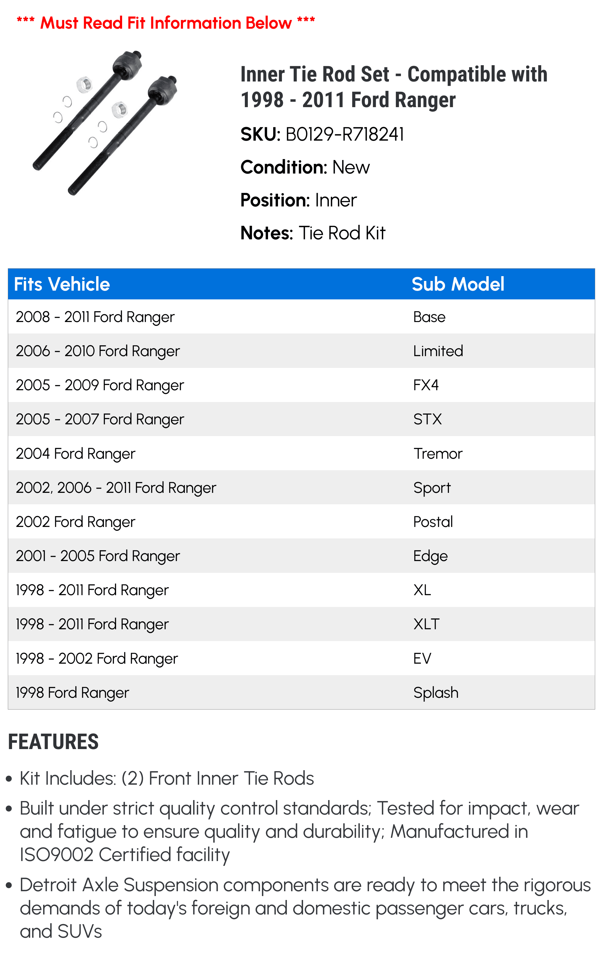 Inner Tie Rod Set - Compatible with 1998 - 2011 Ford Ranger 1999 2000 2001 2002 2003 2004 2005 2006 2007 2008 2009 2010