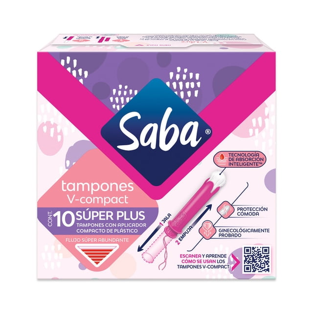 Tampones Saba V-Compact súper plus con aplicador flujo súper abundante 10 pzas