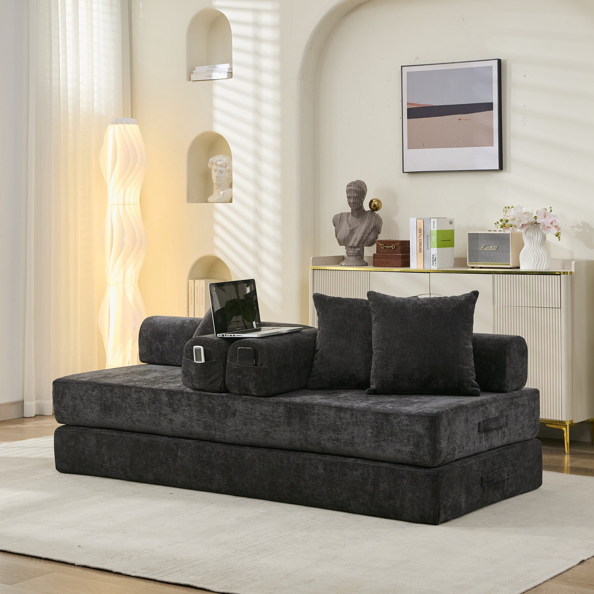 AISWORD 79" Convertible Folding Mattress Couch, 3-in-1 Floor Sofa Bed with Armrests & Pillows, Chenille Fabric Lounge Couch with Spring Pack Support, No Assembly Required