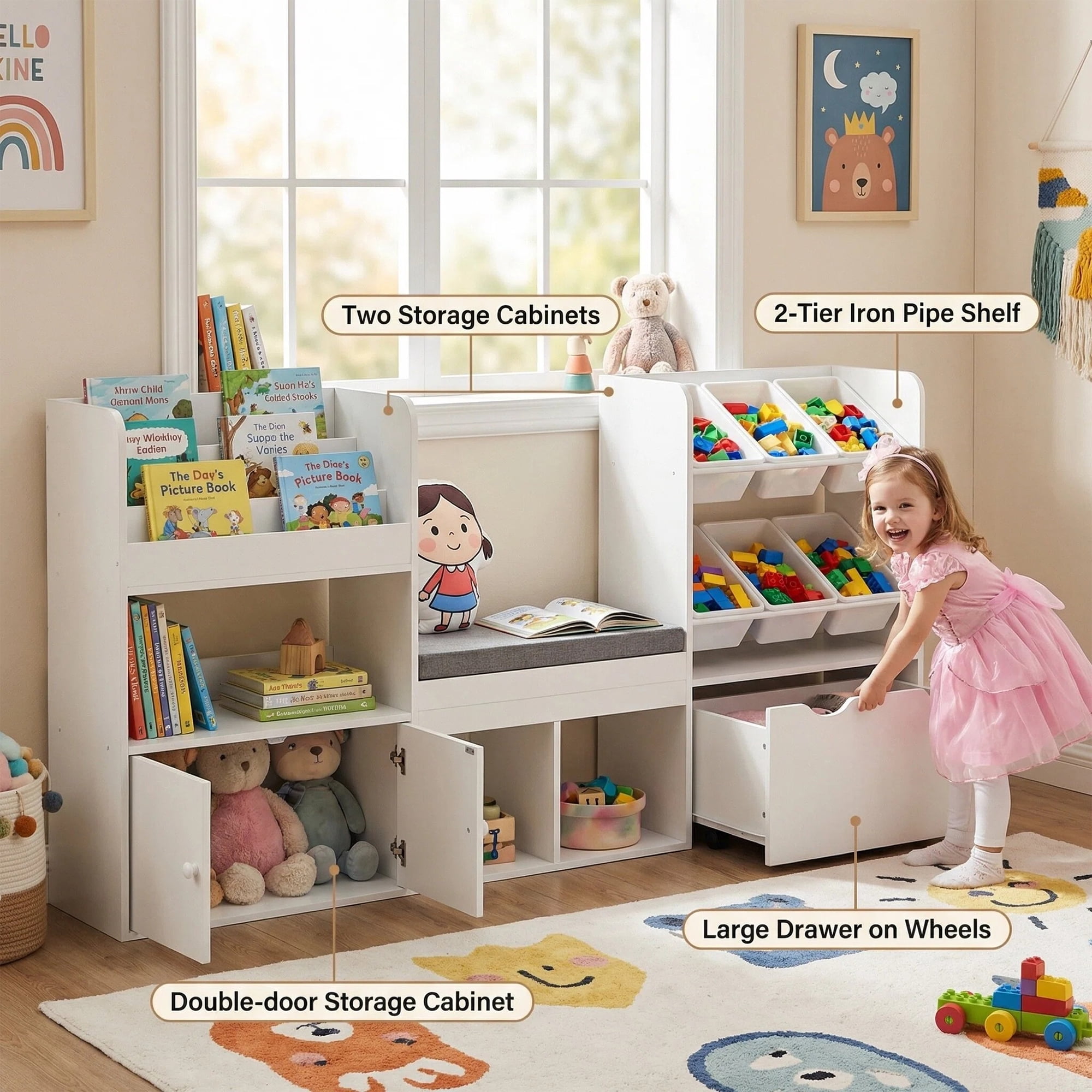 Reasea Kids Bookshelf with Reading Nook & Storage Bench, 73 Inch Toy Organizer with Movable Drawer & 6 Removable Bins, Montessori Reading Corner Furniture for Playroom & Bedroom