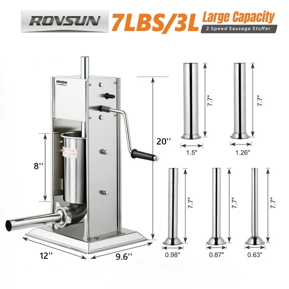 ROVSUN 15LBS/7L Manual Sausage Stuffer, Two Speed Stainless Steel Vertical Sausage Maker, Meat Filling Machine with 5 Stuffing Tubes for Commercial and Home