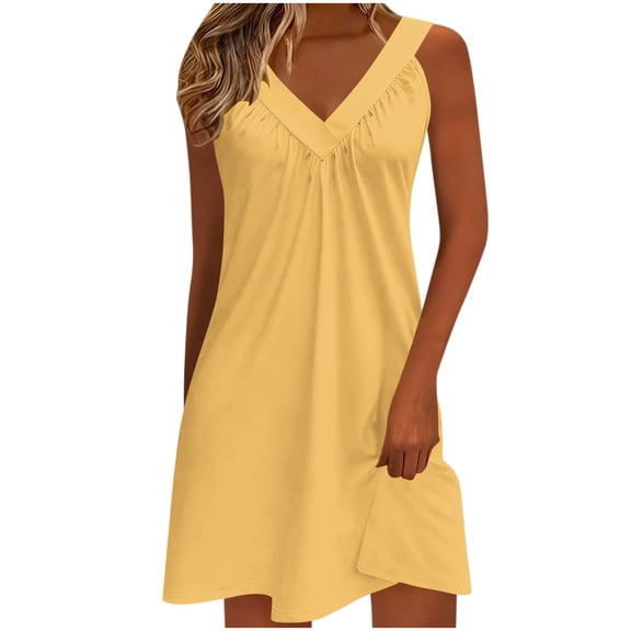 Npasoilc Summer Mini Dress for Women V-Neck Sleeveless A-Line Solid Color T-Shirt Dress Casual Comfort Elastic Short Dresses