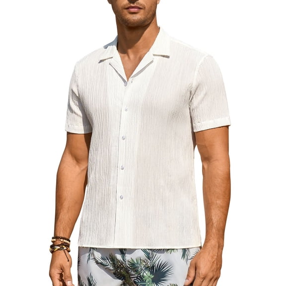Youclos Men's Short Sleeve Textured Linen Shirts Hawaiian Button Down Shirts