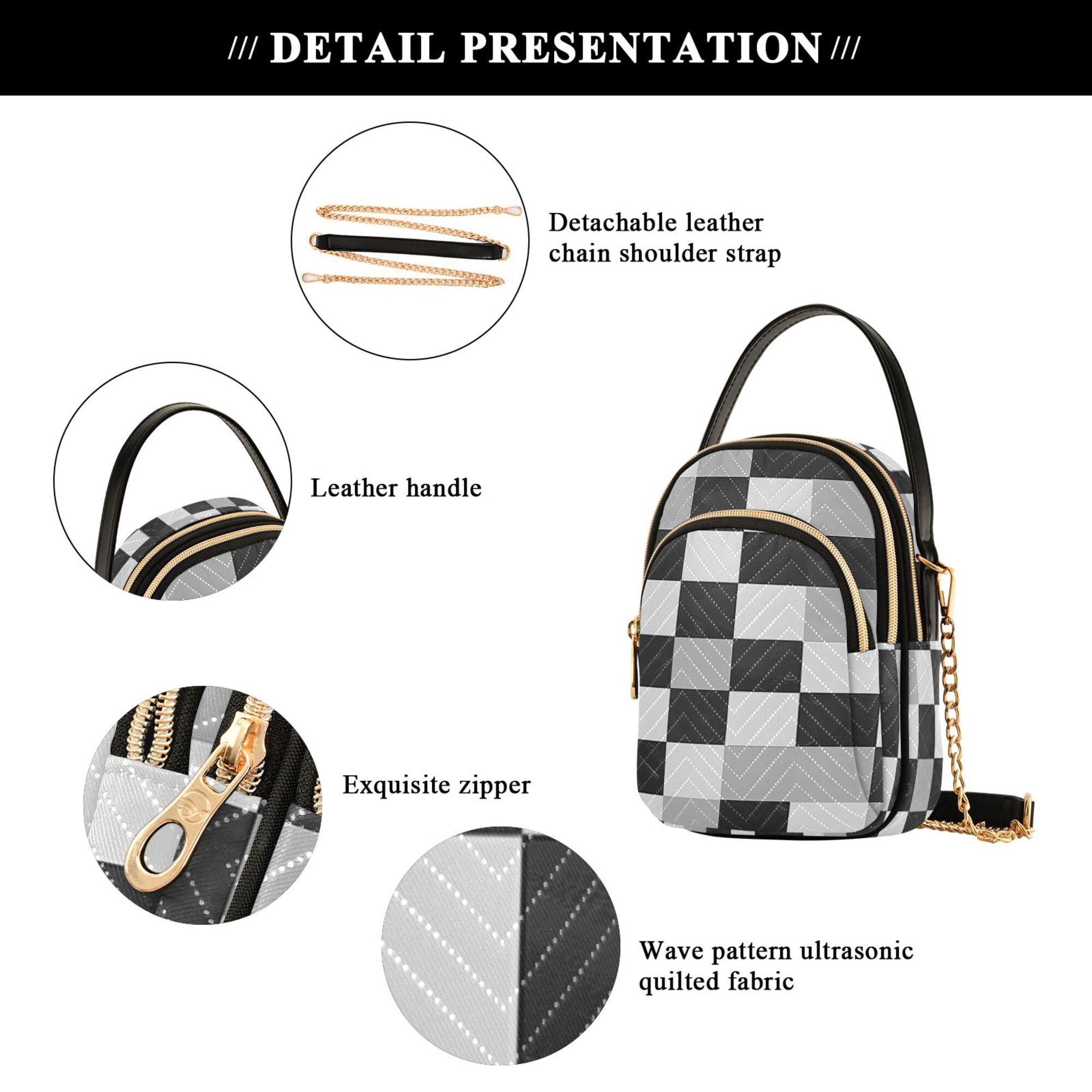 FORMRS Crossbody Bag for Women Quilted Travel Shoulder Cell Phone Purse with Chain Strap Handbag, Black and Gray Plaid Pattern
