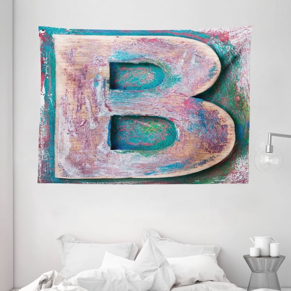 Letter B Tapestry, Old Fashioned Print Method Wood Block Alphabet ABC Type Worn Capital B, Wall Hanging for Bedroom Living Room Dorm Decor, 80W X 60L Inches, Teal Ivory Dark Coral, by Ambesonne
