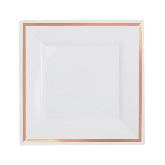 Exquisite Wedding & Party Dinnerware, Disposable Plastic Square Salad/Dessert Plates (8 Inch) - White with Rose Gold Rim - 40 Pack