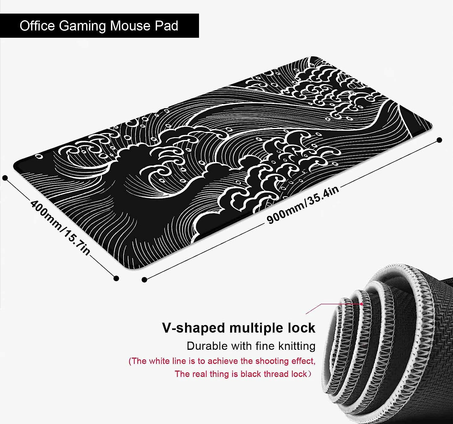 Black and White Japanese Great Wave Gaming Mouse Pad, XL XXL Large Mousepad, Big Extended Mouse Pad, Non-Slip Rubber Base Office Line Art Desk Pad for Men Women- 35.4 x 15.7 in, Abstract Ocean