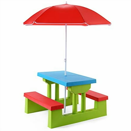 KOTEK Kids Picnic Table, Outdoor Kids Table and Set w/Removable Umbrella, Plastic Children Patio Furniture, Toddler Picnic Tables for Backyard, Garden, Nursery, Gift for Boys