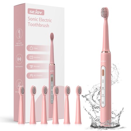 Sejoy Toothbrush Electric for Kids and Adults with 7 Tooth Heads,Power Rechargeable Sonic Tooth Brush for Home Travel,Pink