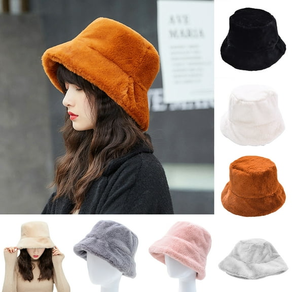 Cheers.US Winter Bucket Hat Women Men Warm Hats Vintage Fisherman Cap Solid Color Flat Top Wide Brim Warm Plush Bucket Cap