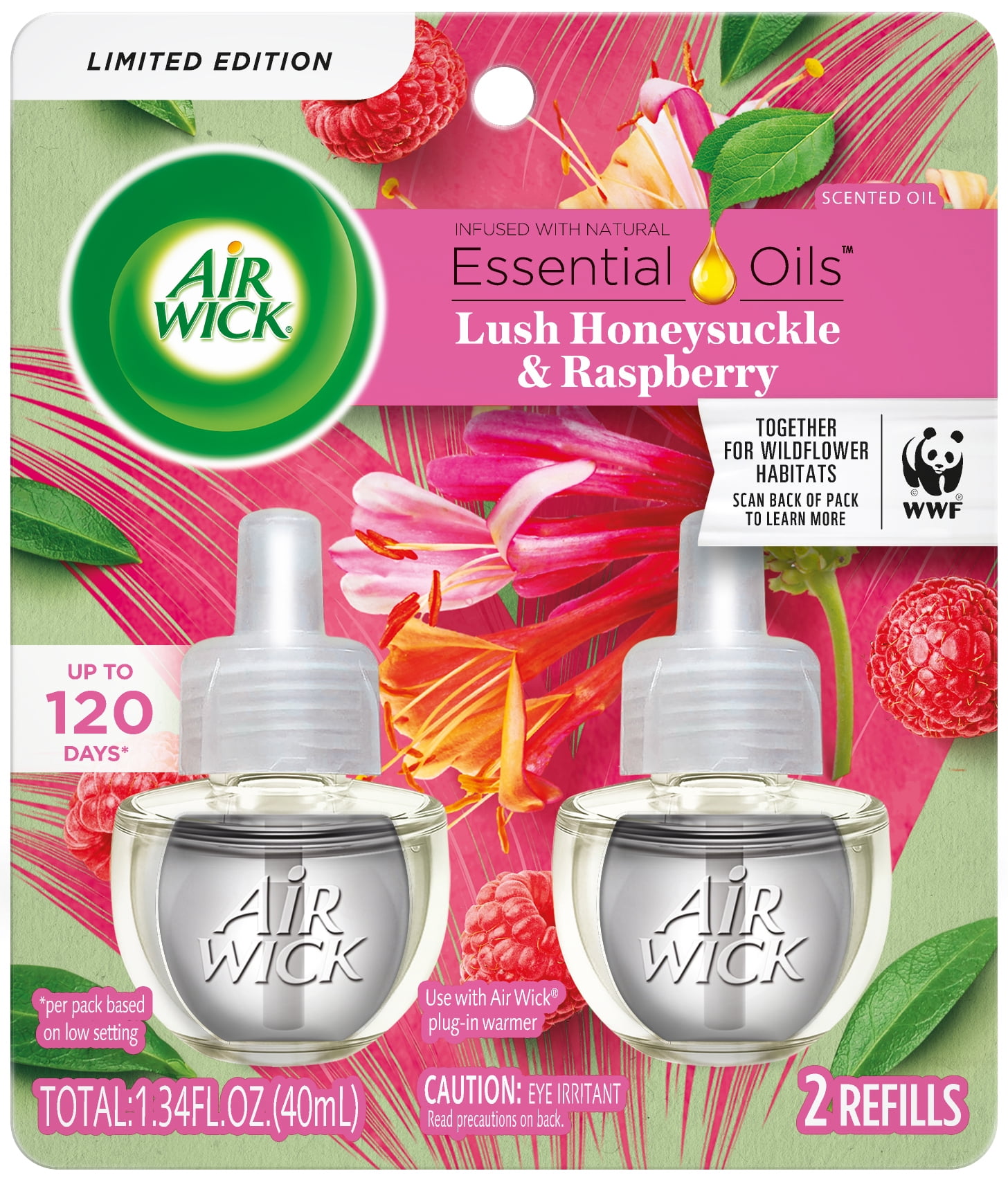 Air Wick Plug in Scented Oil Refill, 2 ct, Lush Honeysuckle and Raspberry, Air Freshener, Essential Oils, Spring Collection