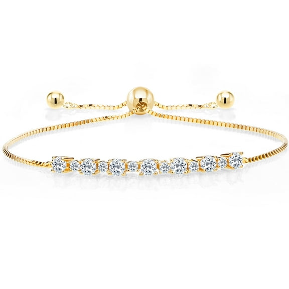 Gem Stone King 1.13 Cttw Round White Topaz 18K Yellow Gold Plated Silver Tennis Bracelet for Women | Round 3MM and 1.7MM | Adjustable Bolo Bracelet for Women | Easy-On Easy-Off