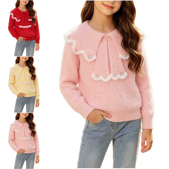 Crunowin Girls Pullover Knit Sweater Solid Color Round Neck Long Sleeve Winter Warm Kids Casual Outerwear Red Size 2T