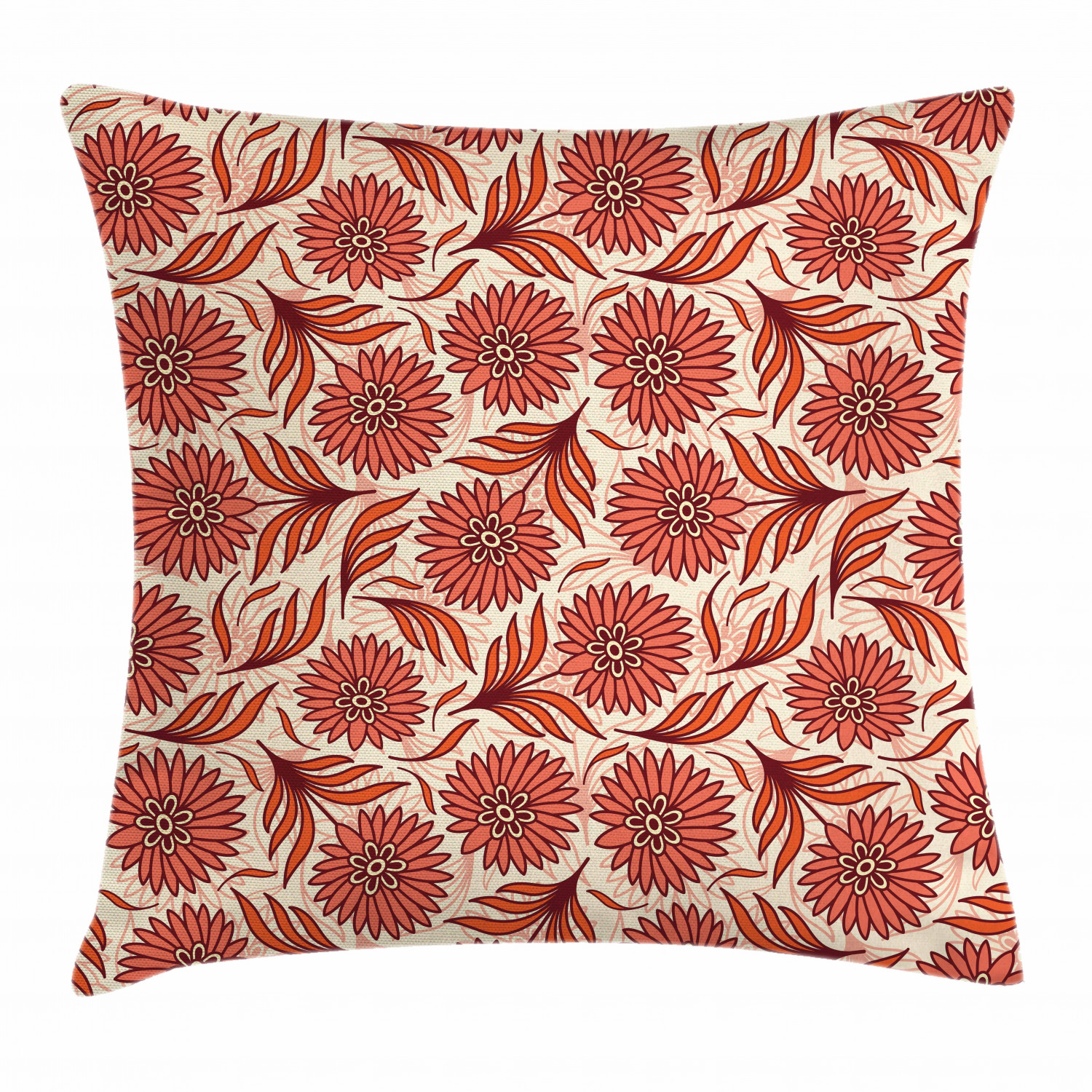 Coral Throw Pillow Cushion Cover, Nostalgic Pattern with Gerbera