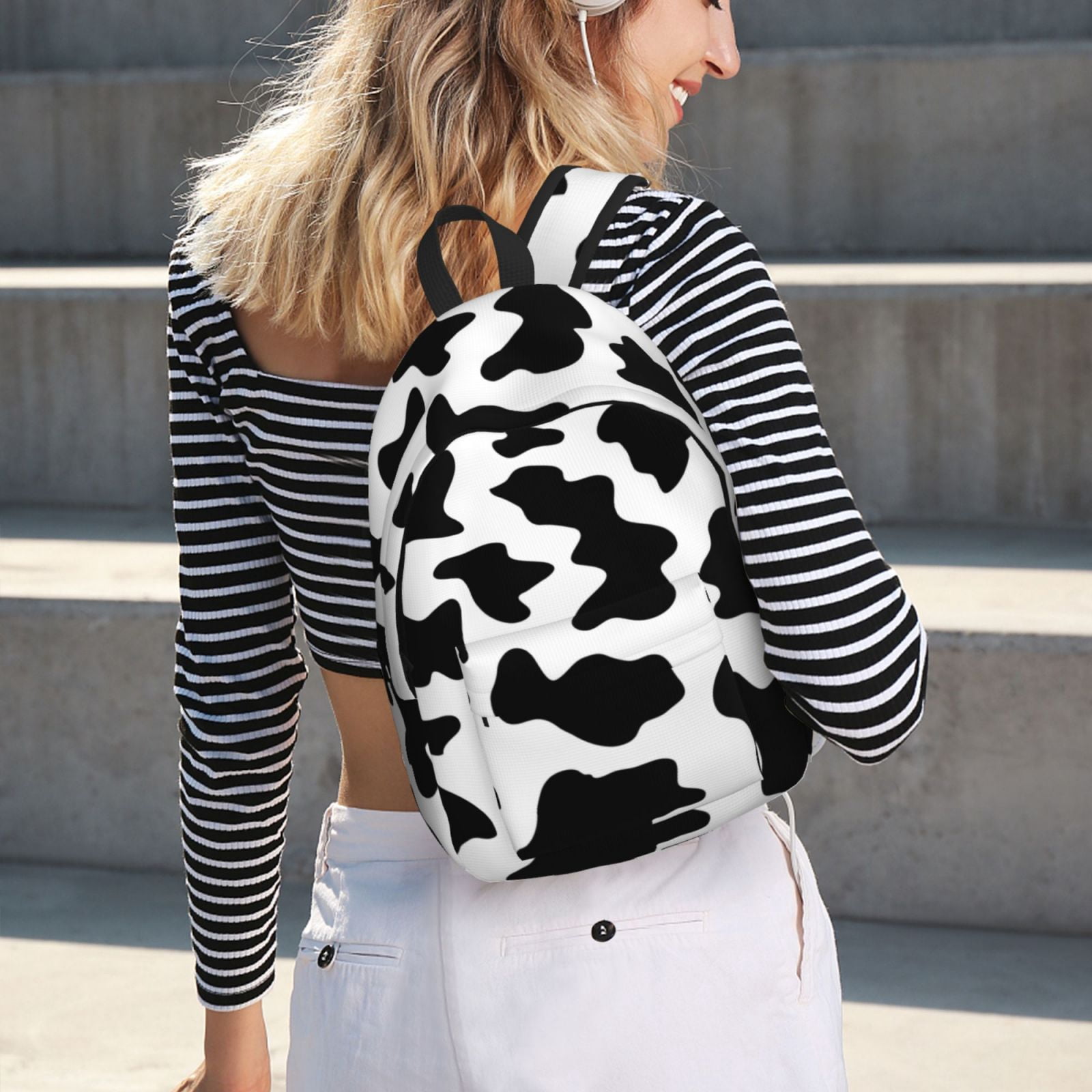 Picia Milk Cow Printed Canvas Daypack - Stylish and Durable Vintage Compact Backpack - Class, Work, Travel, or Laptop Bookbag,Organized Compartments-Small