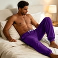 thumbnail image 5 of Men's Solid Color Pajama Pants with Pockets & Drawstring - Cuffed Jogger Sleep Bottoms for Men, Elastic Waist Soft Lightweight Lounge Homewear Purple M, 5 of 7