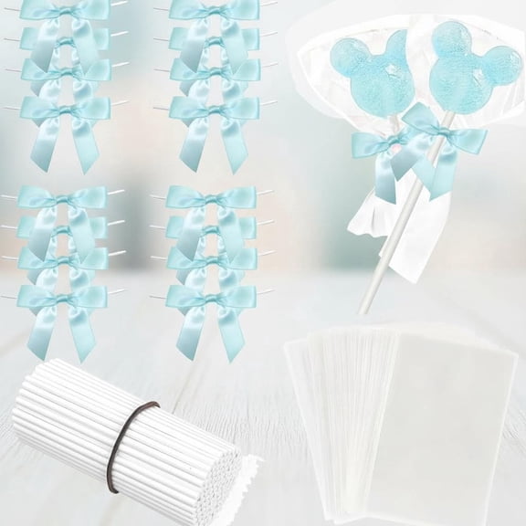 Cake Pop Sticks and Treat Bags Kit Including Cakepop Wrappers with Blue Bow Ties and Lollipop Sticks for Rice Krispies, Candies, Chocolate, Wedding Packaging