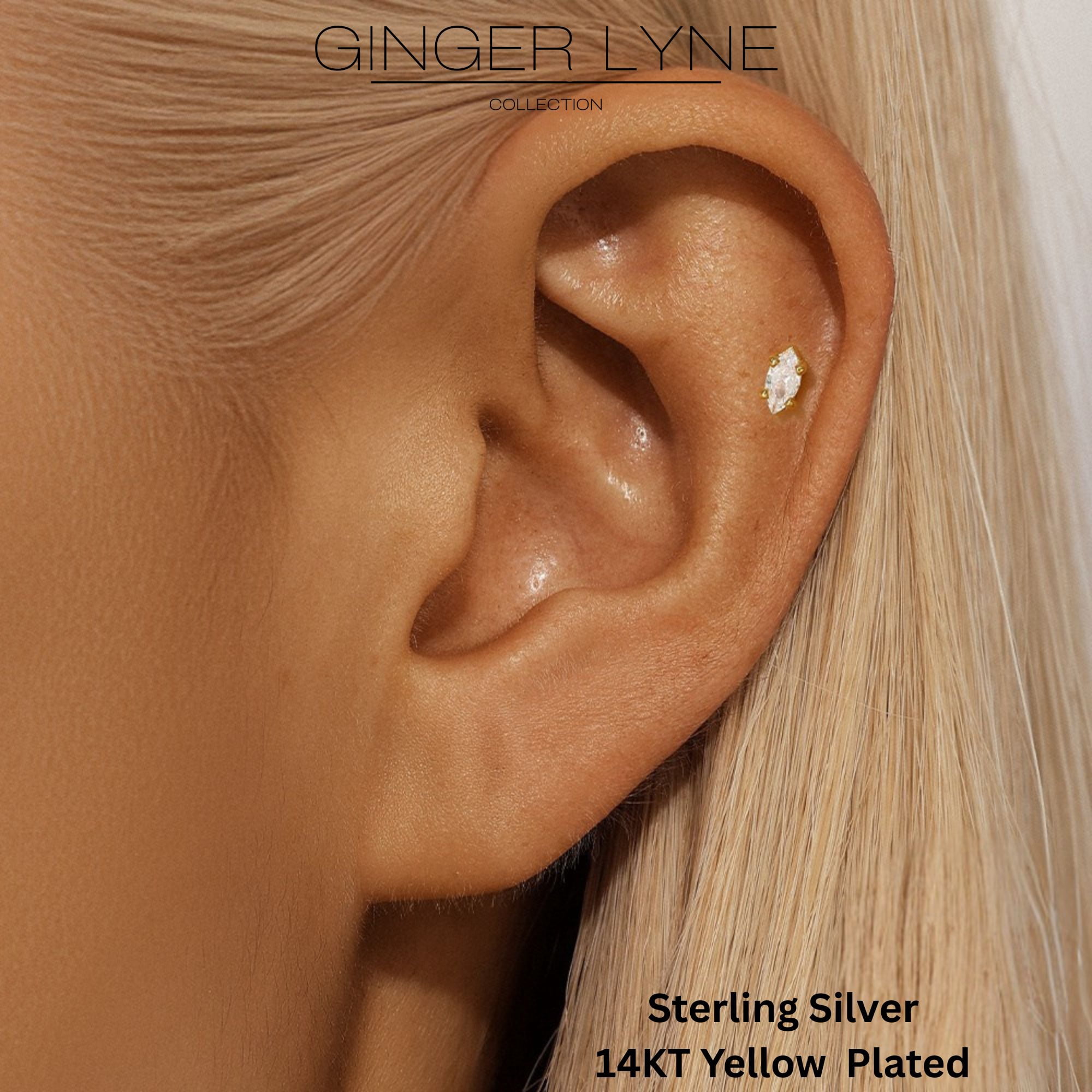 Marquise CZ Flat Back Earrings for Cartilage Helix Tragus Lobe 14Kt Gold Plated Sterling Silver 1 pair by Ginger Lyne