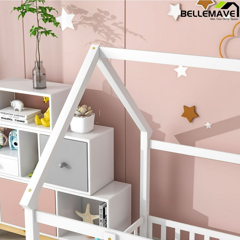 Bellemave Full Size House Floor Bed With Fence & Roof – Montessori Wooden Bed Frame For Kids, Low Height, Playhouse Design (White)