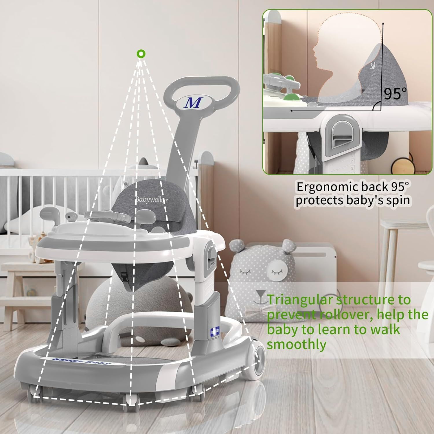 HENG Co. 5-in-1 Foldable Baby Walker with Foot Pads & Handles for Boys and Girls 6-24 Months, Gray