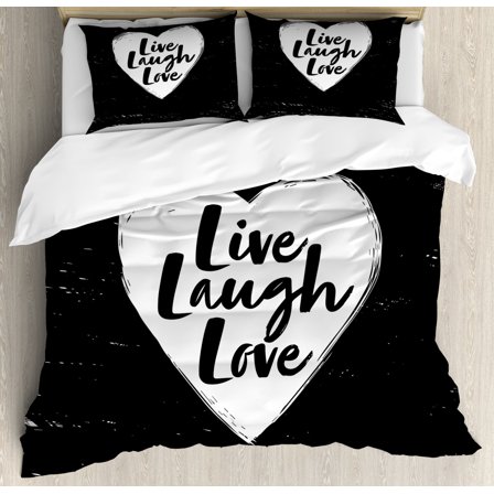 Live Laugh Love King Size Duvet Cover Set, Illustration of a Grunge Inspired Heart and a Quote on Black Background, Decorative 3 Piece Bedding Set with 2 Pillow Shams, Black White, by Ambesonne