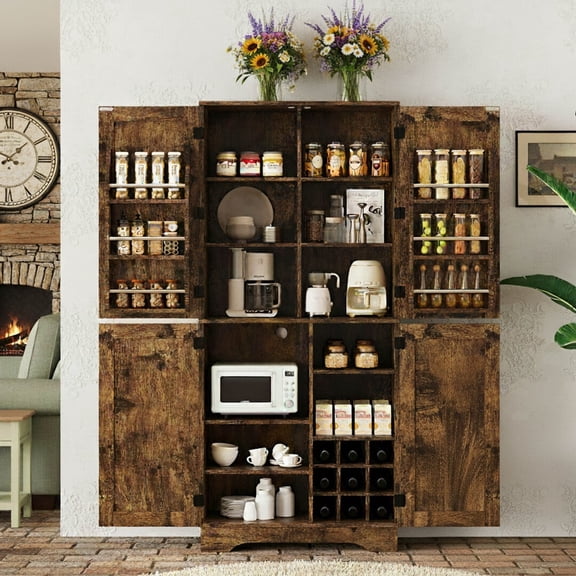 AFO 71" Kitchen Pantry Cupboard with Wine Rack and 6 Door Shelves,Adjustable Freestanding Storage Cabinet, Rustic Brown