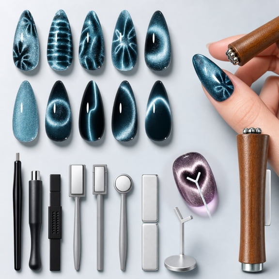 Nail Eye Patch For Cats, 3 IN One Magnets Pen Round Square Flower Glassy Moon Multi Effect Nail Art Stuff Supplies Use