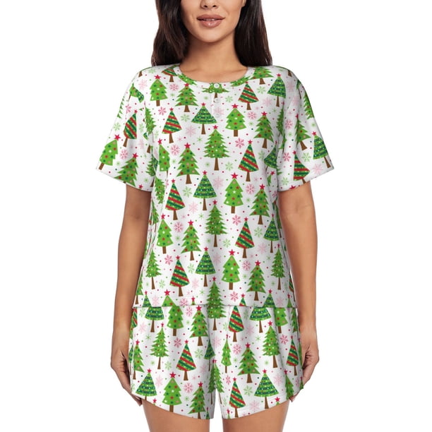 Fotbe Christmas Trees Conjunto de Pijama Estampado para Mujer, 2 Piezas, Ropa de Dormir con Camiseta de Manga Corta y Shorts Suaves-Small