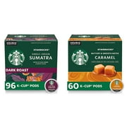 Starbucks K-Cup Coffee Pods—Dark Roast Coffee—Sumatra For Keurig Brewers—100% Arabica—4 Boxes (96 Pods Total) & Medium Roast K-Cup Coffee Pods — Caramel For Keurig Brewers — 6 Boxes (60 Pods Total)