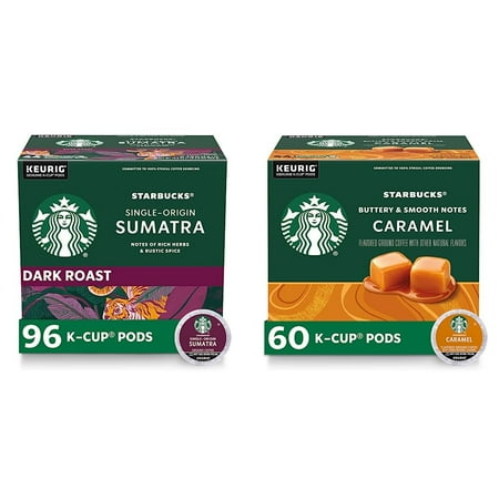 Starbucks K-Cup Coffee Pods—Dark Roast Coffee—Sumatra For Keurig Brewers—100% Arabica—4 Boxes (96 Pods Total) & Medium Roast K-Cup Coffee Pods — Caramel For Keurig Brewers — 6 Boxes (60 Pods Total)