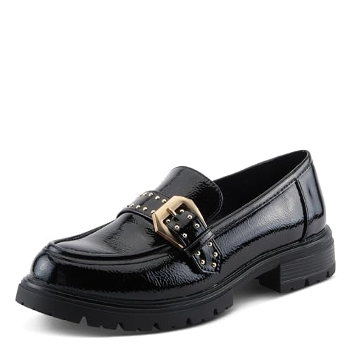 PATRIZIA Pacha Women’s Slip-On Loafer – Gold Buckle & Stud Detail – Faux Leather Comfort Flat