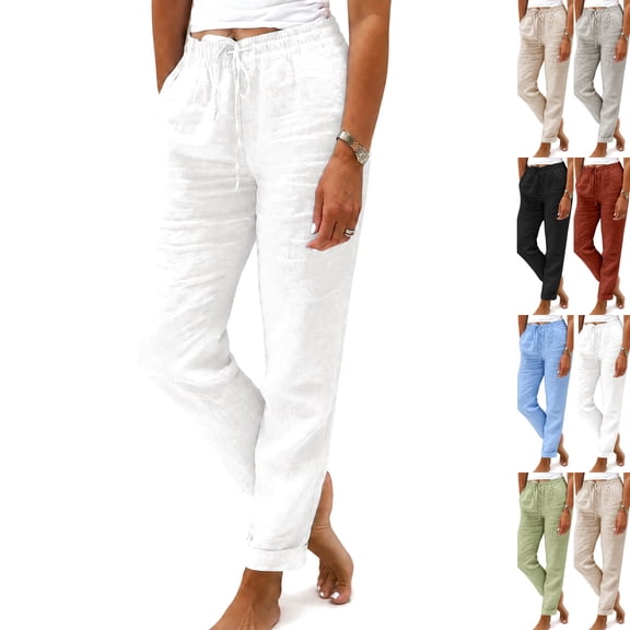 Lightweight Summer Pants Women 2026 Trendy Drawstring Elastic Waist Linen Palazzo Pants Casual Petite Trouser with Pockets White M