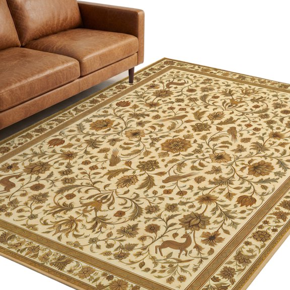 Intricate Brown Arabesque Area Rug 5x7ft Vintage Boho Beige Abstract Floral Vine Non-Slip Washable Rectangle Rugs Soft Felt Indoor Floor Mat for Bedroom Kitchen Living Room Bathroom