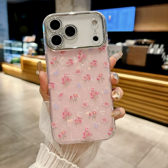 for iPhone 17 Pro Max Case with Floral Design, Shockproof Non-Slip Cover Phone Case with Mirror Pendant Wrist Strap, Glitter Shell Texture, Precise Fit & Lens Protection,Pink