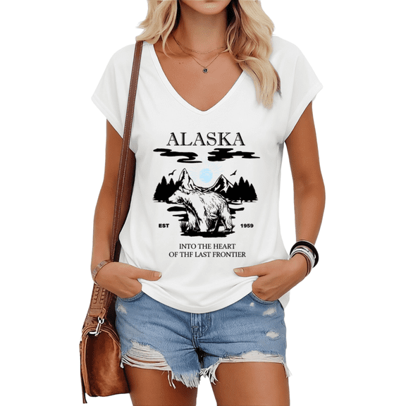 UNISHE Womens White Alaska Frontier Print V Neck Short Sleeve T-Shirt Vintage Travel Souvenir S-5XL Tops