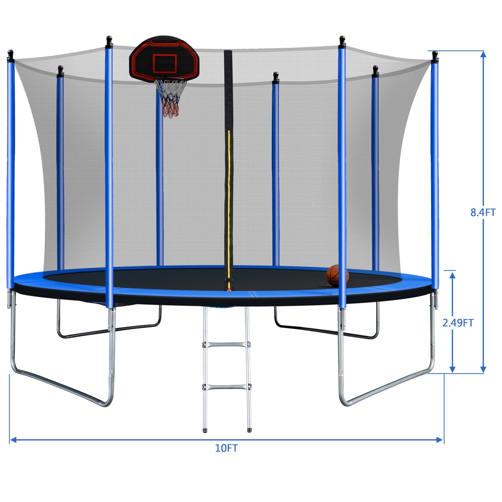 10FT Trampoline with Basketball Hoop Inflator,Outdoor Trampoline with Ladder and Inner Safety Enclosure for Kids,Blue