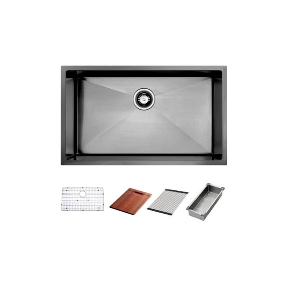 HIGOLD Évier de Cuisine de 30 Pouces pour Poste de Travail avec Planche à Découper, Évier Encastré en Acier Inoxydable Nano avec Accessoires, Noir Canon 30"X18"X9"