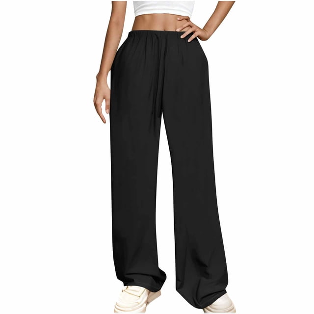 FNFYFH Clearance Womens Cotton Linen Pants Drawstring Elastic Waisted Pant Solid Wide Leg Trousers,Blue