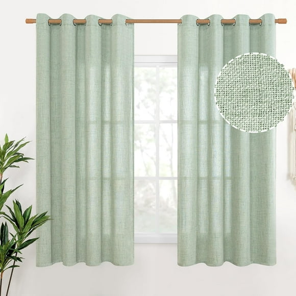 shiyou-Natural Linen Curtains 63 Inches Long Window Curtains for Bedroom Grommet Top Light Filtering Privacy Linen Textured Semi Sheer Drapes, 2 Panels, 52x63 Inch, Sage Green