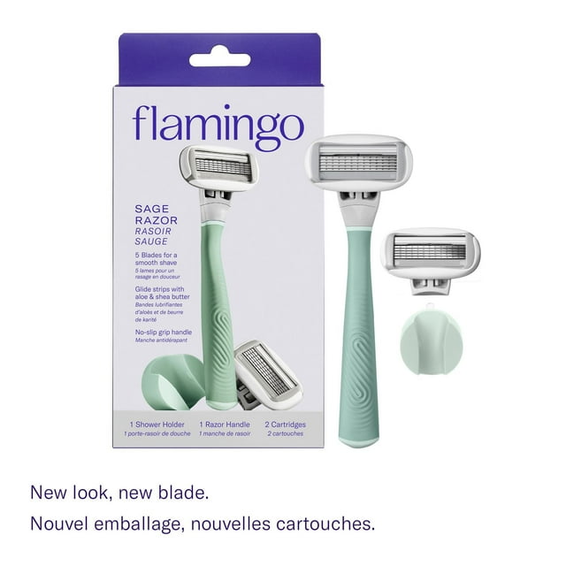 Flamingo 5-Blade Women's Razor - 1 Razor Handle + 2 Razor Blade Refills - Sage