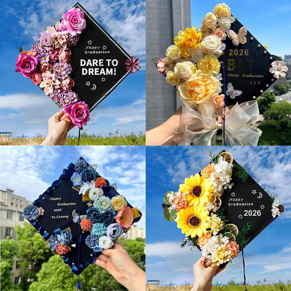 DIY Graduation Decorations Accessory Kit,Include 3D Artificial Flowers,Butterfly & Alphabet Letter Stickers,Pearl Stickers,Bowknot for DIY Hat Grad Topper Graduation Party Supplies