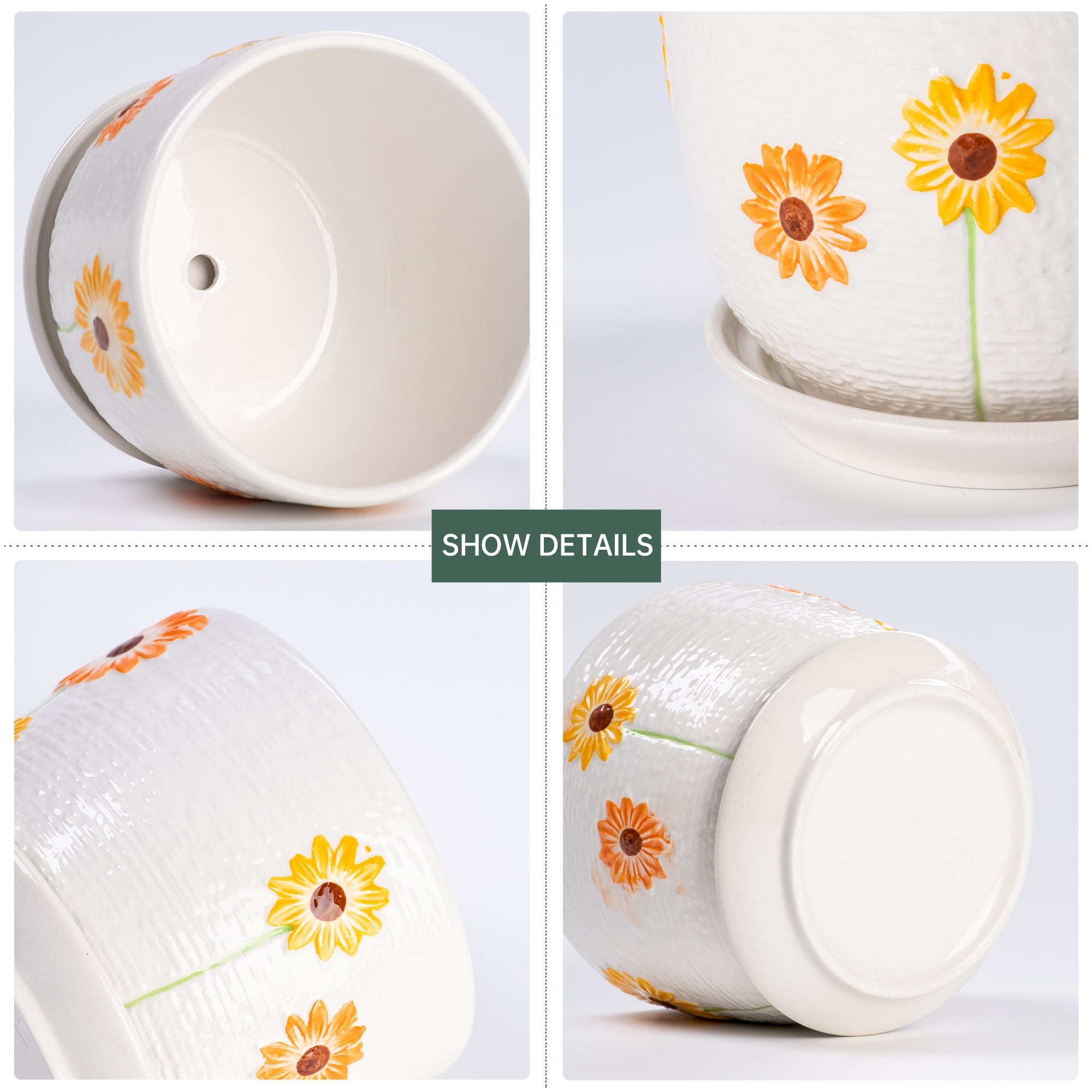 Plant Pots,Set of 3 Ceramic Sunflower Flower Pots for Indoor Plants,4+5+6 inch Pots with Drainage Hole Saucer,Garden Pots Catus Planters