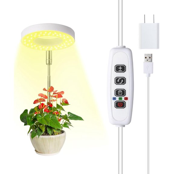 Halo Ring Grow Lights for Small Indoor Plants, Warm White 48LEDs Full Spectrum Plant Light, Height Adjustable with 5V 2A Adapter, 3/9/12H Timer, 3 Spectral Modes, 10 Dimmable Levels, Angel Ring 1 Pack