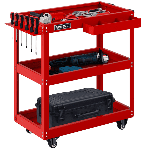Gewna 3-Tier Rolling Heavy-duty Utility Tool Cart with Screwdriver Board & Storage Box 330 Lb Capacity for Office, Kitchen, Warehouse Red