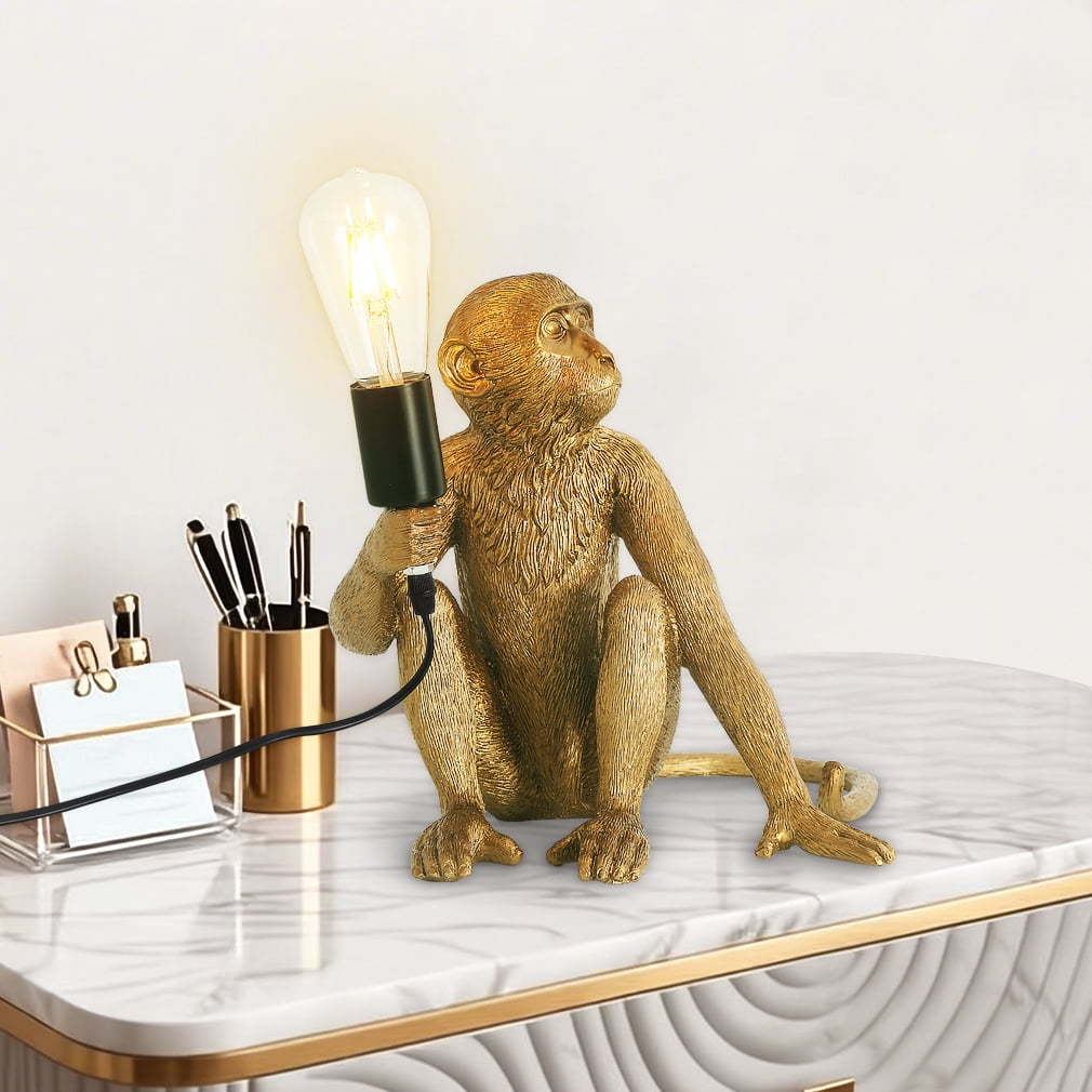 Elinkume Monkey Table Lamp, Resin Design Table Lamp, Bedroom, Living Room 4.33*12 inches (Gold)
