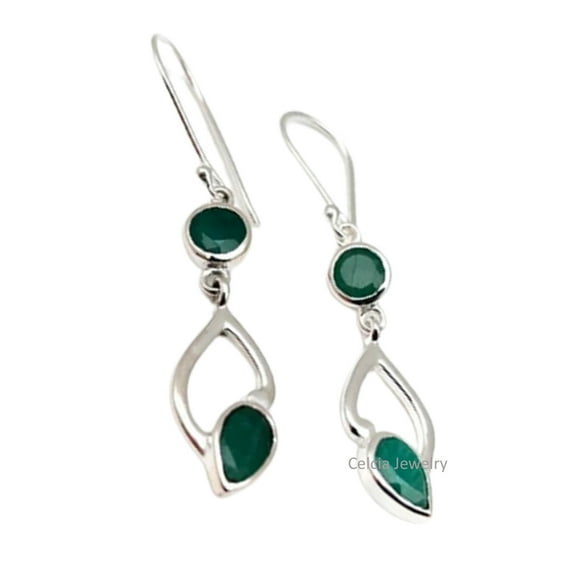 Solid 925 Sterling Silver Dangle Drop Earrings For Women, Natural Green Emerald Faceted Multi Gemstone Unique May Birthstone Earrings