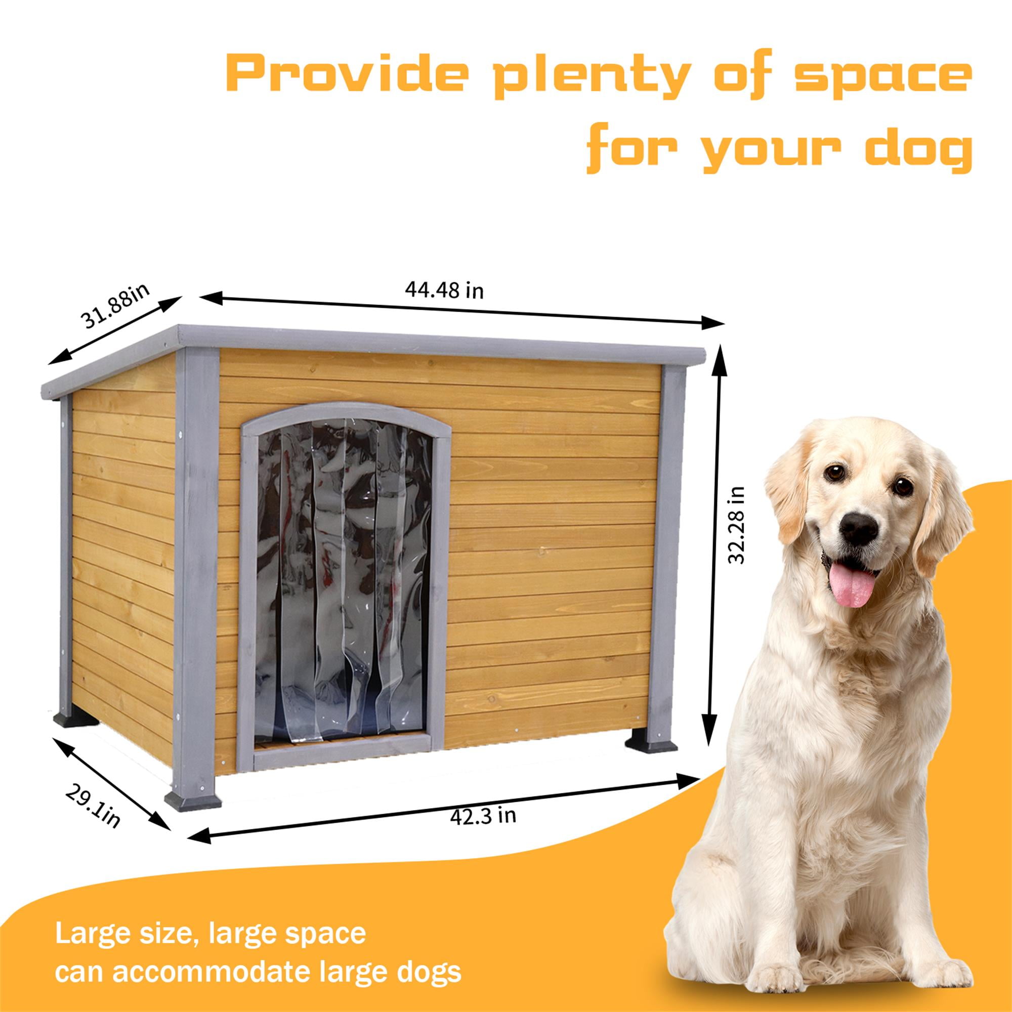 Pefilos 45" Wooden Dog Houses for Large Dogs Outdoor Weatherproof Pet House with Plastic Curtain, Insulation Mat, Brown Pefilos 45" Wooden Dog Houses for Large Dogs Outdoor Weatherproof Pet House with Plastic Curtain, Insulation Mat, Brown