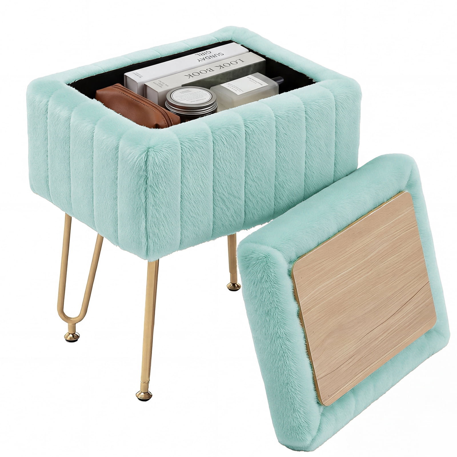 ZUNMOS Ottoman Vanity Stool Chair, with Storage Function, Modern Style Wooden Board Seat, Equipped with 4 Metal Legs and Non-Slip Feet, Suitable for Living Room and Bedroom, Mint Green