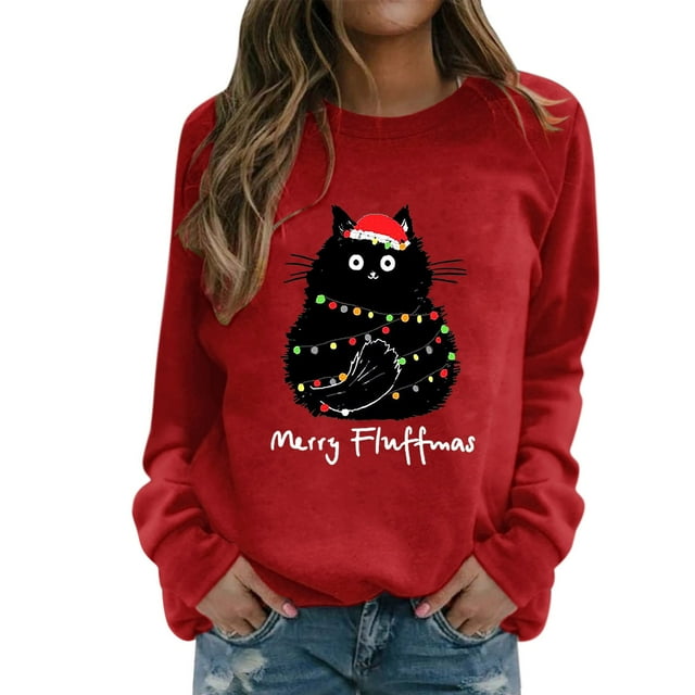 WZXFASHION Chandail à Imprimé de Noël pour Femmes, Col Rond, Coupe Ajustée, Haut à Enfiler Décontracté à Manches Longues, Chandails d'Entraînement Amples, Blouse Ample, Solde Liquidation 2025, Chandail Court à Enfiler